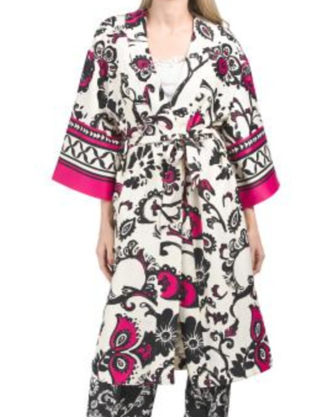 FUCHSIA BLACK and WHITE PRINTED VERSATILE  KIMONO   NWT